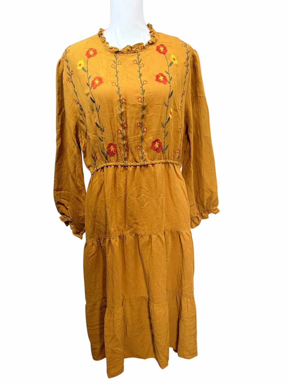 Hayden Mustard Embroidered Long Sleeve Midi Dress Size 1XL